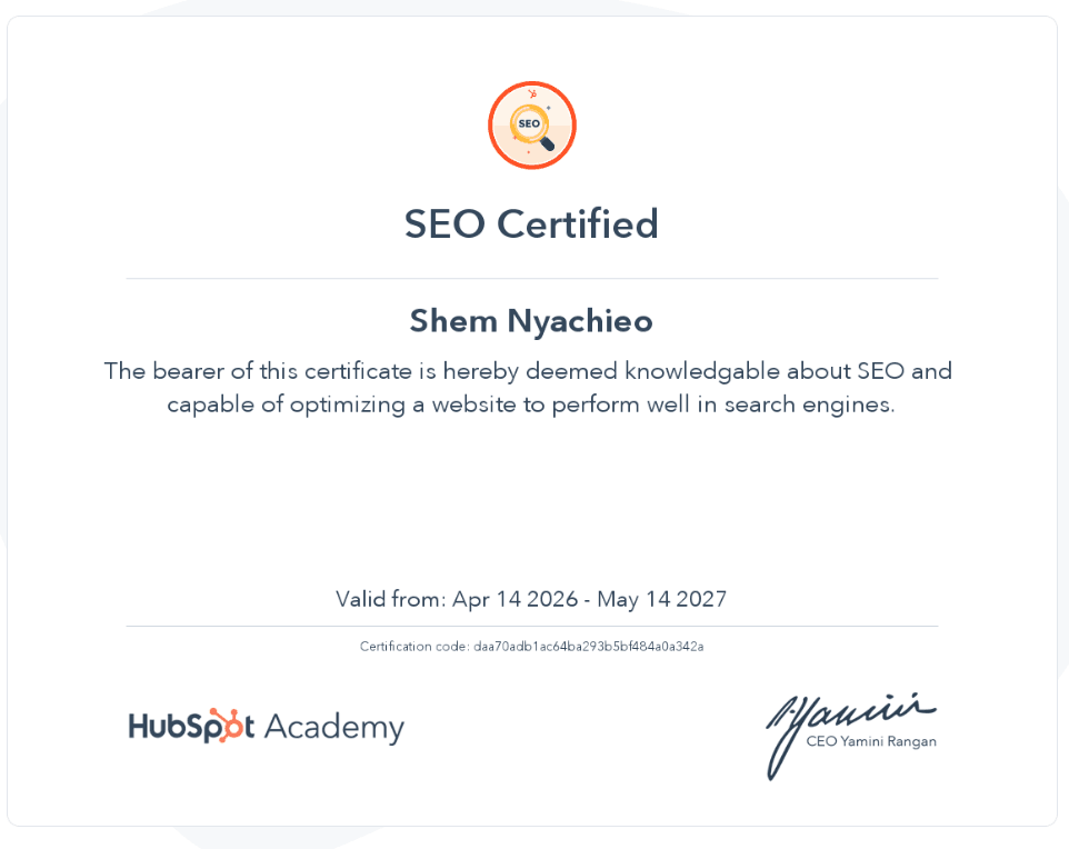HubSpot Academy SEO Certified certificate.