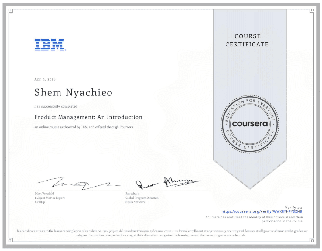 IBM Product Management: An Introduction course certificate via Coursera.