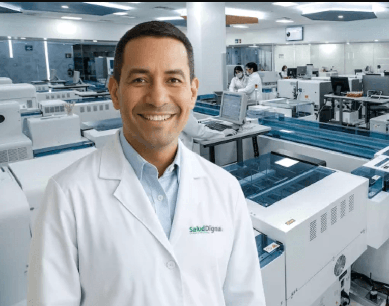 Salud Digna clinical lead inside a diagnostics laboratory, with automated analyzers in the background.